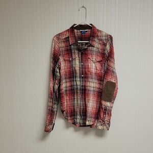 Kavu Womens Long Sleeve Flannel Shirt W/corduroy Elbow Patches Sz Small